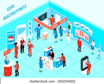 People Visiting Health And Fitness Expo With Promotional Stands And Various Products For Healthy Lifestyle 3d Isometric Vector Illustration