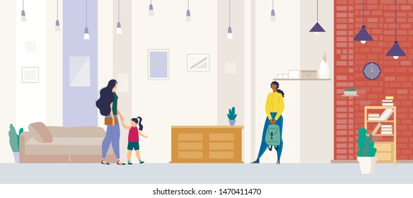 People Visiting Home Furniture Shop, Interior Design Studio Saloon Showroom, Realtor Shoving Comfortable, Roomy Apartment with Comfortable Furniture to Female Buyer with Child Vector Illustration