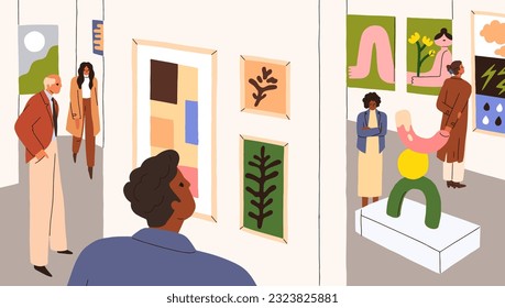 People visiting modern art gallery. Visitors looking at abstract contemporary pictures, framed drawings, abstractions, sculptures in trendy style at exhibition, exposition. Flat vector illustration