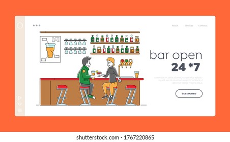 People Visiting Night Club or Beer Pub Landing Page Template. Characters Sit at High Chairs Drinking Cocktail, Alcohol Beverages on Bar Counter with Bottles on Shelves. Linear Vector Illustration