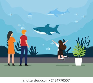 People visiting an oceanarium flat vector illustration