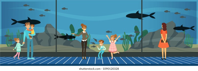 People visiting an oceanarium, kids watching sea fish at excursion with their teacher vector Illustration in flat style