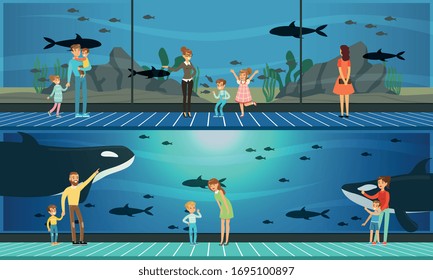 People Visiting Oceanarium, Parents and their Kids Watching Underwater World with Sea Animals Vector Illustration