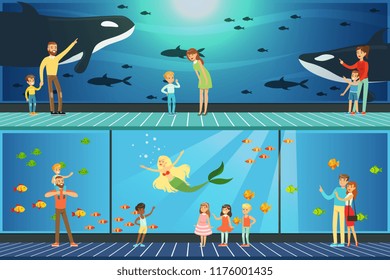 People visiting an oceanarium set of vector Illustrations, parents with children watching underwater scenery with sea animals