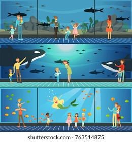 People visiting an oceanarium set of vector Illustrations, parents with children watching underwater scenery with sea animals