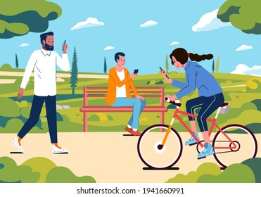 people visiting park in sunny day and still busy with their smartphone, women cycling, man walking and sitting in the long chair. park landscape flat illustration