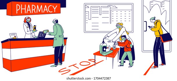 People Visiting Pharmacy during Coronavirus Pandemic. Characters Cover Hands with Antibacterial Gel, Buying Medicine Standing at Stop Line at Cashier Desk, Global Epidemic. Linear Vector Illustration