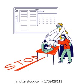 Personas que visitan Farmacia o Conservación durante la Pandemia del Coronavirus. Mujer con personajes de niño pequeño que cubren las manos con la parte delantera del gel antibacteriano de la línea de parada, medida protectora. Ilustración de vectores lineales