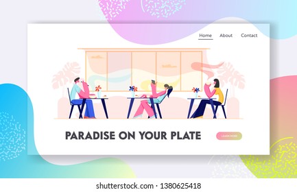 People Visiting Restaurant. Characters Sitting at Tables Drinking Beverages, Eating Meal, Using Gadgets in Cafe, Hospitality Website Landing Page, Web Page. Cartoon Flat Vector Illustration, Banner