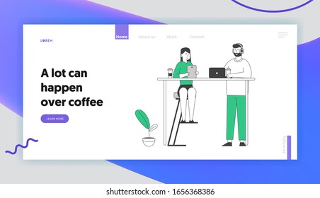 People Visiting Restaurant Website Landing Page. Young Man and Woman Relax in Cafe Sitting at Table with Coffee Cups, Tablet and Laptop Web Page Banner. Cartoon Flat Vector Illustration Linear