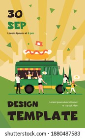 People visiting street food festival and buying snacks in trucks. Flat vector illustration for fair, summer event, market, vendors concept