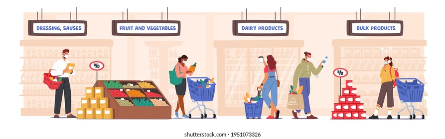 People Visiting Supermarket for Buying Grocery during Coronavirus Pandemic. Men or Women Wear Face Masks Choosing Products in Store, Customer Characters Shopping Routine. Cartoon Vector Illustration