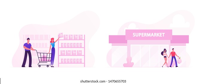 People Visiting Supermarket Set. Happy Couple Man and Woman Choosing Products in Store, Characters Leaving Shop with Full Bags. Shopping, Family Every Day Routine. Cartoon Flat Vector Illustration