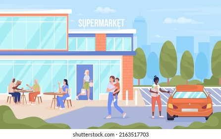 People visiting urban supermarket flat color vector illustration. Grocery and products retailer. Fully editable 2D simple cartoon characters with town on background. Bebas Neue font used