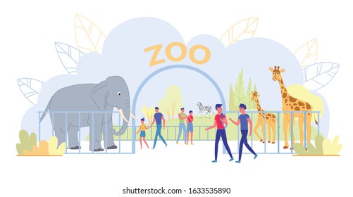 People Visiting Zoo Flat Cartoon Vector Illustration. Boys Coming for Excursion to See Elephants, Zebra and Giraffes. Father with Daughter Walking near Exotic African Animals. Summer Weekend Outdoor.