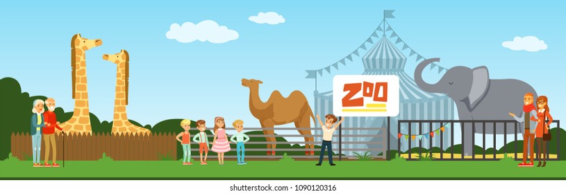 People visiting zoo, kids watching animals at excursion vector Illustration in flat style