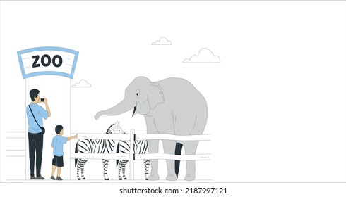 People visiting zoo, kids watching Elephant and Zebra animals at excursion vector Illustration in flat style. kids looking at elephant Zebra wild animals in zoo natural park vector illustration