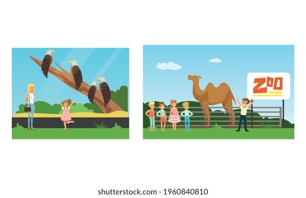 People Visiting the Zoo Set, Kids Watching Different Animals at Excursion Vector Illustration