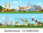 People visiting an zoo set of vector Illustrations, parents with children watching wild animals