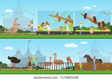 People visiting an zoo set of vector Illustrations, parents with children watching wild animals
