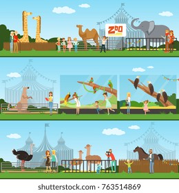 People visiting an zoo set of vector Illustrations, parents with children watching wild animals