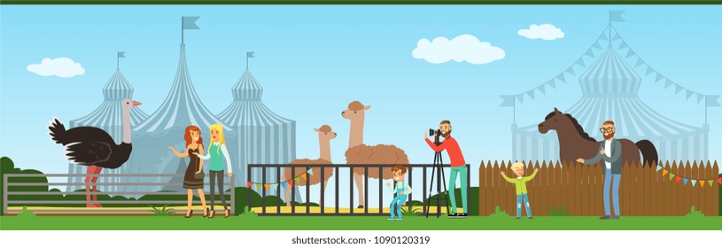People visiting zoo and watching animals at excursion vector Illustration in flat style
