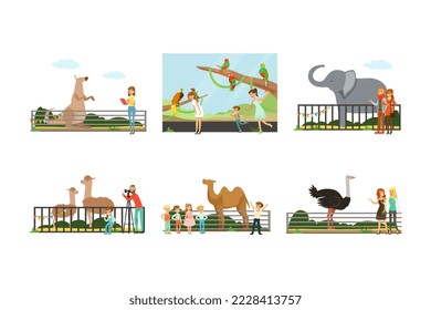 People visiting zoo at weekend set. Visitors watching at elephant, ostrich, alpaca, camel animals in cages cartoon vector illustration