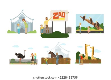 People visiting zoo at weekend set. Visitors watching at wild animals in cages cartoon vector illustration