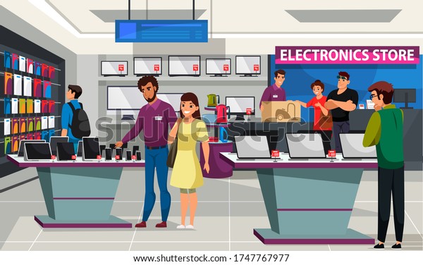 People\
visitor and shop assistant at consumer electronics store. Man and\
woman choosing mobile phone, laptop, tv and audio equipment, buying\
home appliance product. Shopping mall\
interior