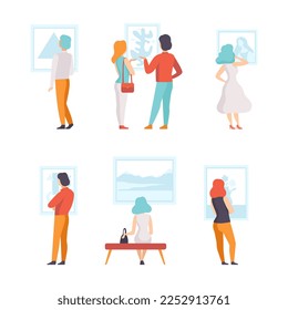 People Visitors of Classic Art Gallery Viewing Masterpieces at Museum Vector Set
