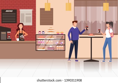 People visitors drinking coffee tea in coffee shop cafe. Street food concept. Vector design flat graphic cartoon illustration