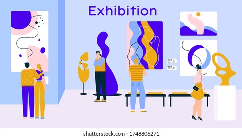 People visitors at exhibition of contemporary art in gallery. Man, woman, couple looking at abstract paintings, creative artworks modern sculptures in hall of museum. Vector character illustration,