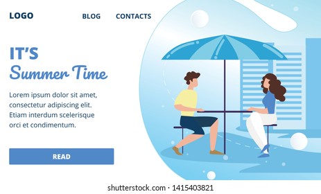 People Visitors Sitting in Modern Summer Time Cafe on City Street Street. Man and Woman Dating on Restaurant Terrace, Outdoor Cafeteria Exterior. Cartoon Flat Vector Illustration, Horizontal Banner