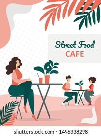 People Visitors Sitting in Modern Summer Time Street Food City Cafe. Man and Woman Dating on Restaurant Terrace, Leisure on Outdoor Cafeteria Exterior Cartoon Flat Vector Illustration, Vertical Banner