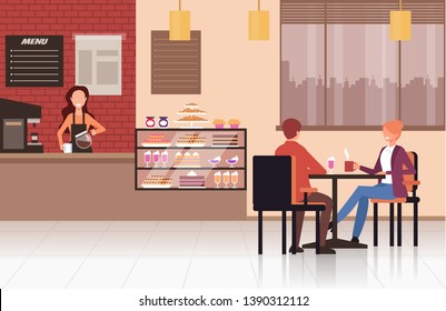 People visitors sitting on table and drinking coffee tea in coffee shop cafe. Street food concept. Vector design flat graphic cartoon illustration