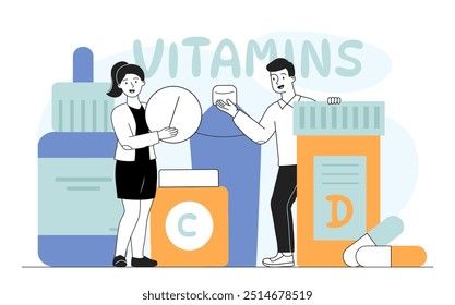 People with vitamins. Man and women near pills. Supplements for active and healthy lifestyle and training. Multivitamin compex and antioxidant. Healthcare and medicine. Linear vector illustration