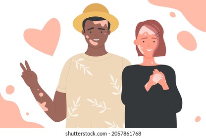 People with vitiligo vector illustration. Cartoon portraits of positive man woman characters standing together. Body positive, self love and depigmentation disease, world vitiligo day concept