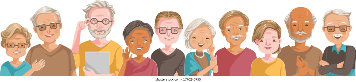 People vocation of different professions. Elderly group. Emotions, feelings be smile, Laugh face of the elderly. Different nationalities are different. Vector Character