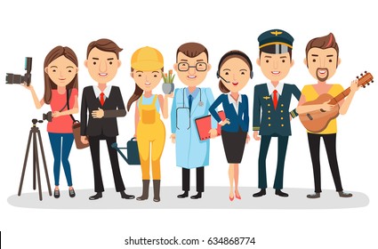 People vocation of different professions. Photographer, businessman, gardener, operator, police. Isolated on white background Vector illustration