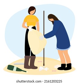 People voluntarily put garbage in a bag. Flat vector cartoon design. The concept of Environmental protection.