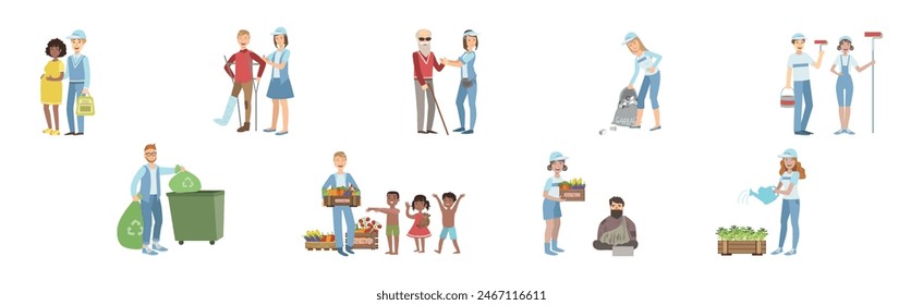 People Volunteer Character Give Help and Support Vector Set