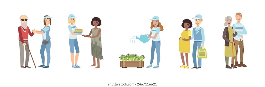 People Volunteer Character Give Help and Support Vector Set