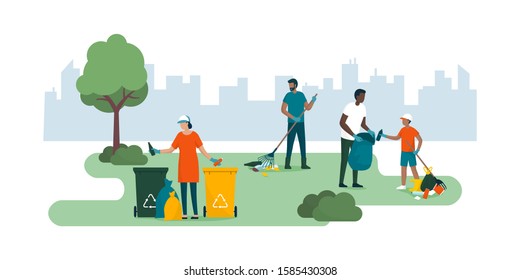 People volunteering and cleaning up a city park together, they are collecting and separating waste, environmental care concept