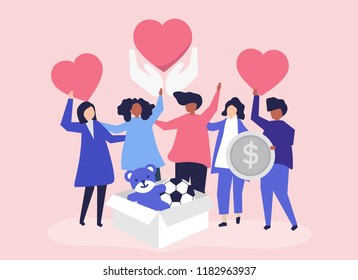 People volunteering and donating money and items  to a charitable cause