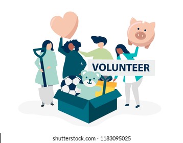 People volunteering and donating money and items  to a charitable cause