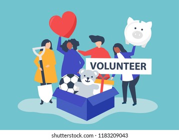 People volunteering and donating money and items  to a charitable cause