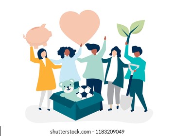 People volunteering and donating money and items  to a charitable cause