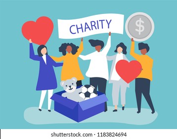 People volunteering and donating money and items  to a charitable cause