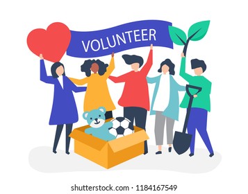 People volunteering and donating money and items  to a charitable cause