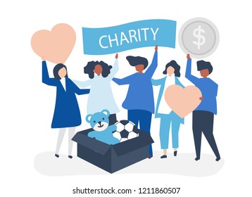 People volunteering and donating money and items  to a charitable cause